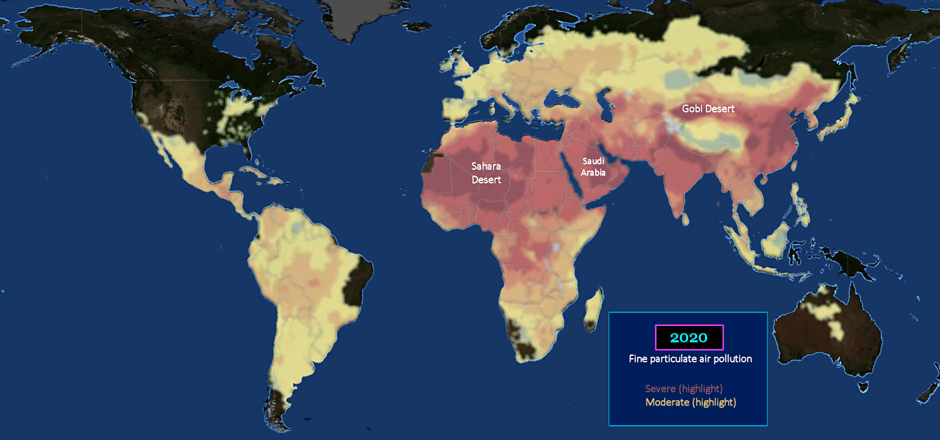 Global particulate air pollution, 2020 map